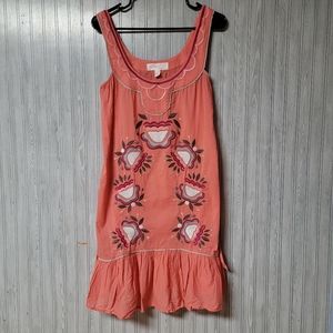 Anthropologie Lilka Womens Salmon Boho Floral Embroidered Stitched Dress